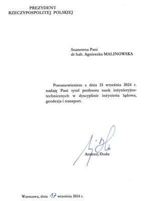 Nadanie tytułu Profesora dr hab. inż. Agnieszce Malinowskiej